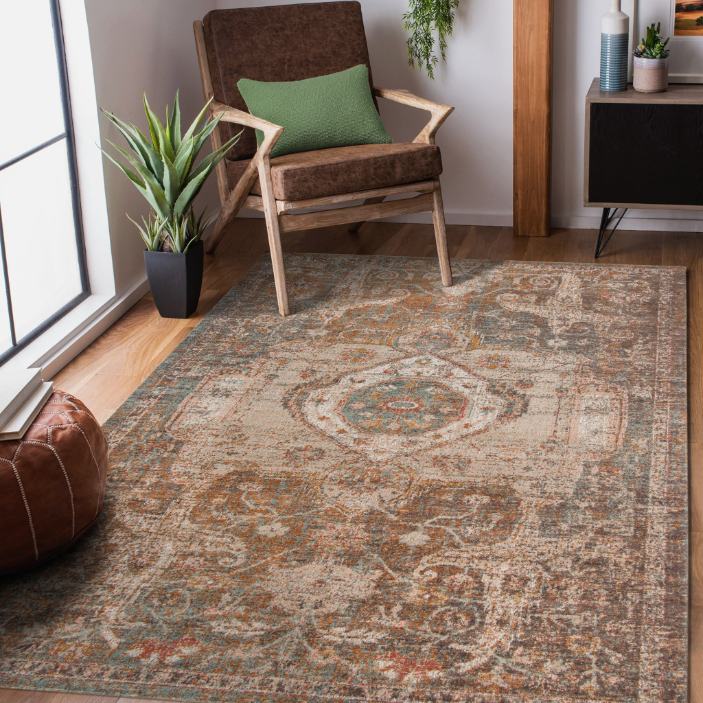6" Beige Gray and Taupe Medallion Power Loom Round Rug