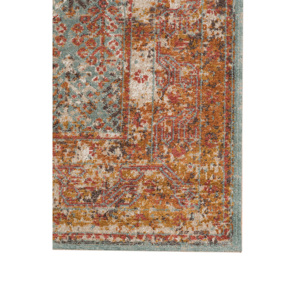 2" X 3" Teal and Orange Medallion Power Loom Worn Faded Area Rug