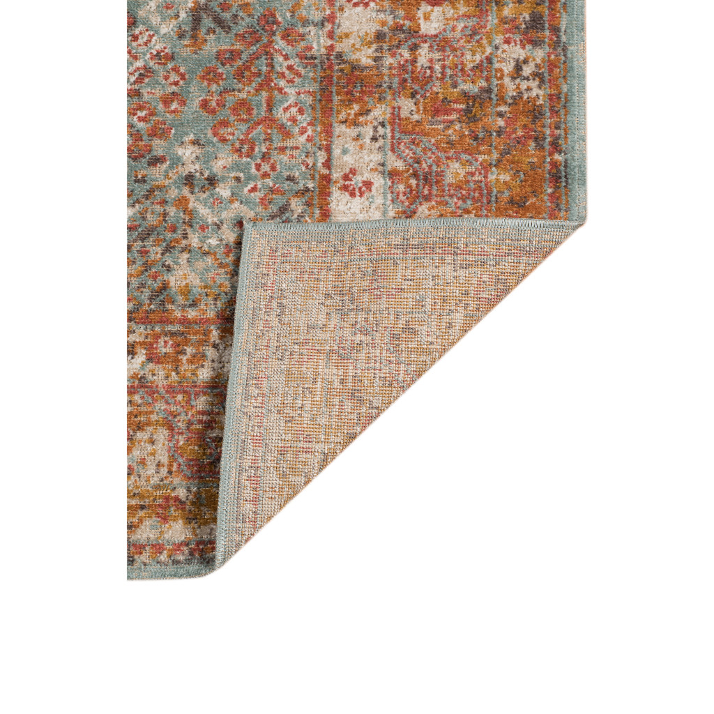 2" X 3" Teal and Orange Medallion Power Loom Worn Faded Area Rug