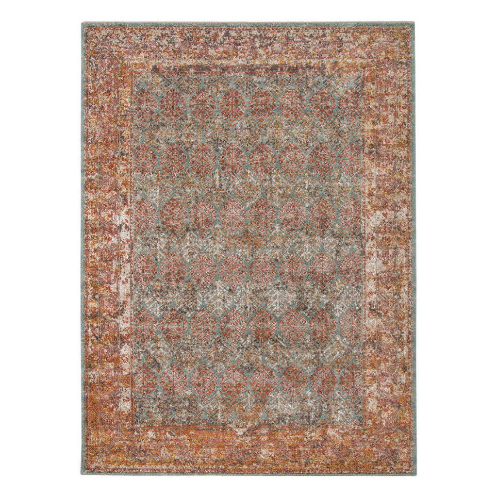 2" X 3" Teal and Orange Medallion Power Loom Worn Faded Area Rug