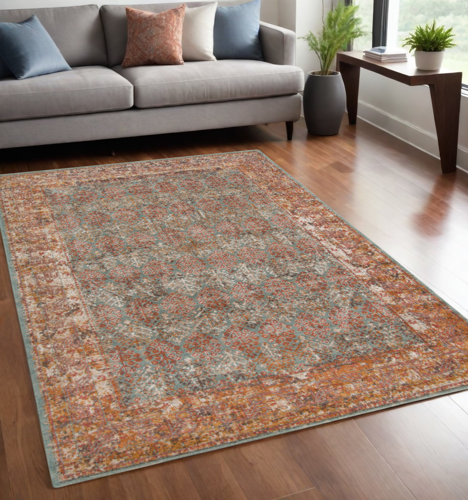 6" X 8" Teal and Orange Medallion Power Loom Area Rug