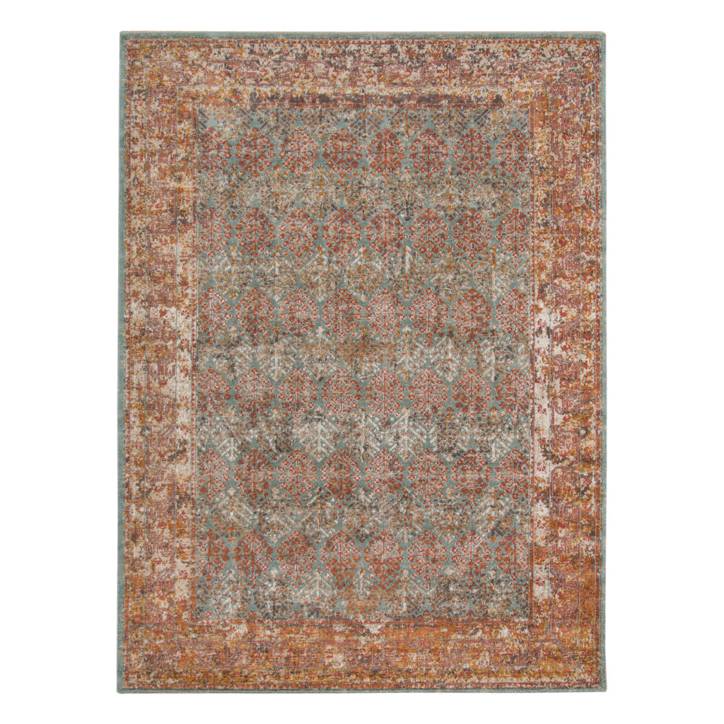 7" X 9" Teal and Orange Medallion Power Loom Worn Faded Area Rug