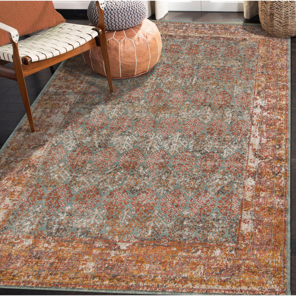 7" X 9" Teal and Orange Medallion Power Loom Worn Faded Area Rug
