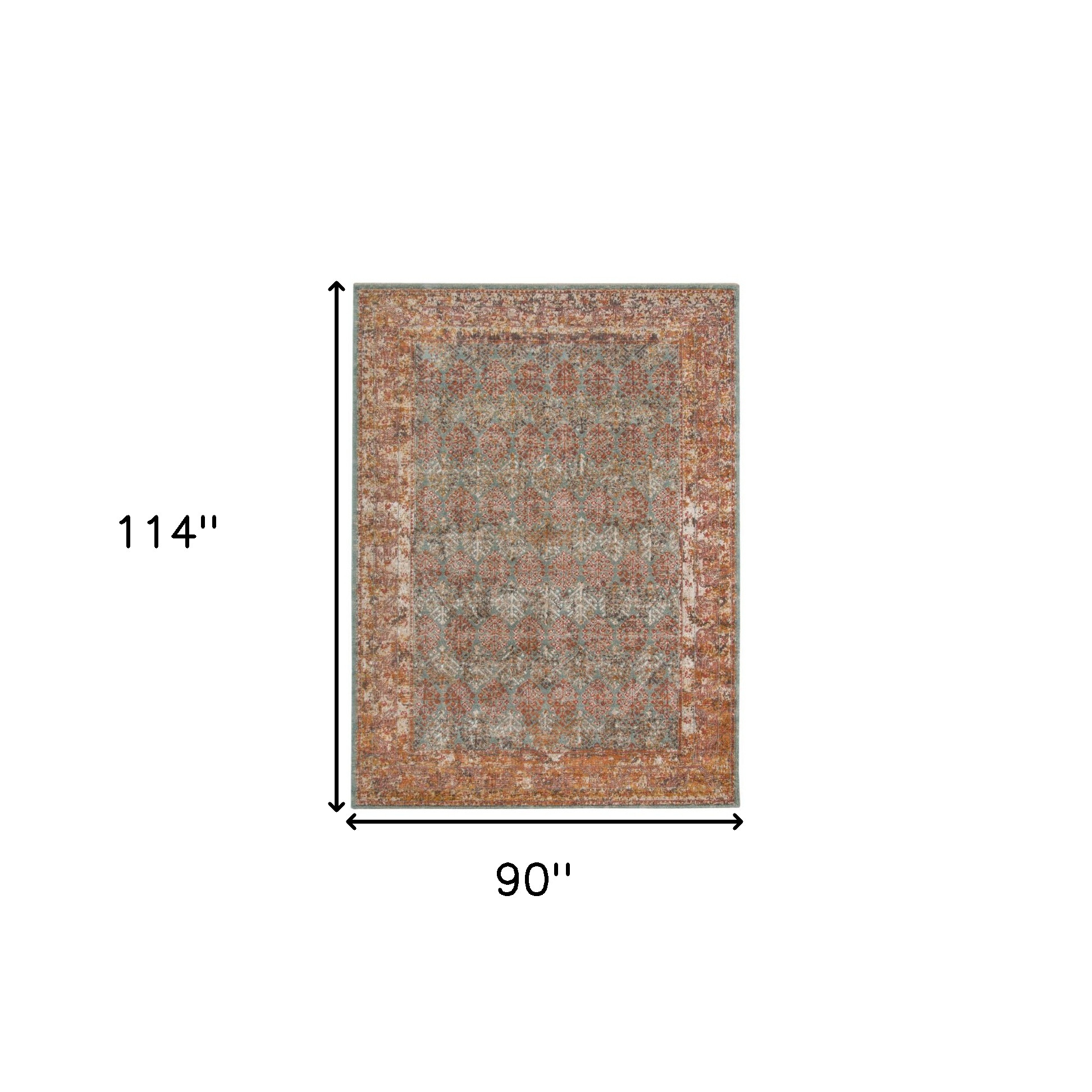 7" X 9" Teal and Orange Medallion Power Loom Worn Faded Area Rug