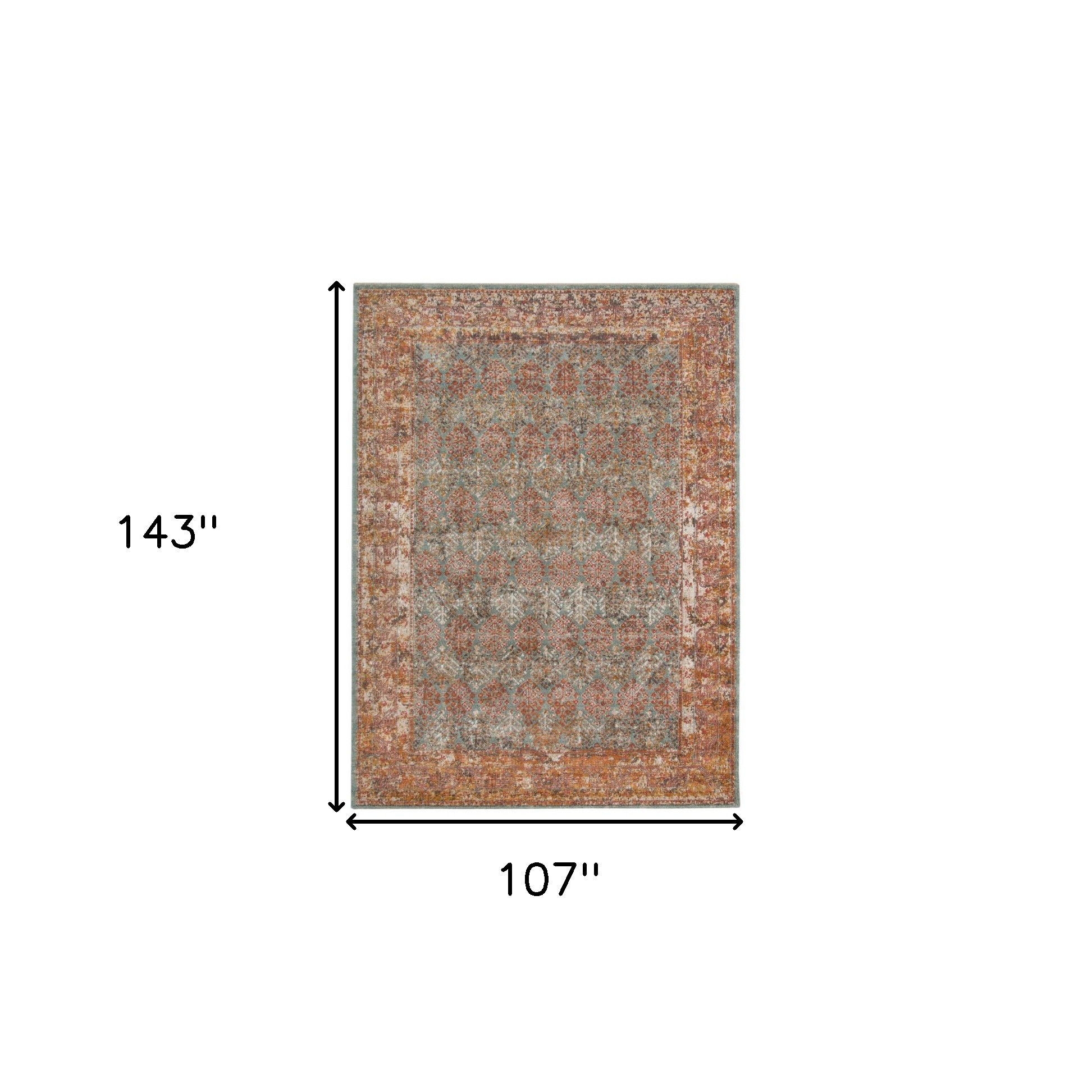 9" X 12" Teal and Orange Medallion Power Loom Worn Faded Area Rug