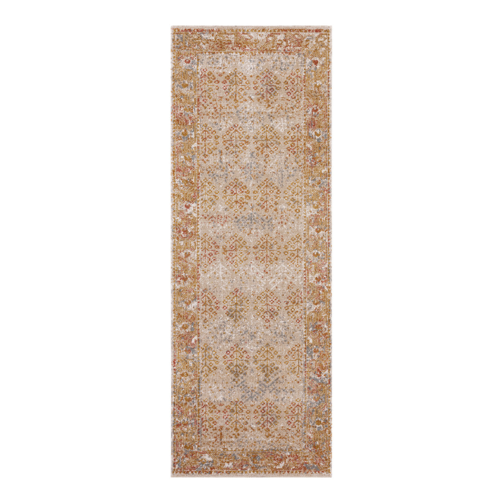 7" Beige and Orange Southwestern Power Loom Runner Rug