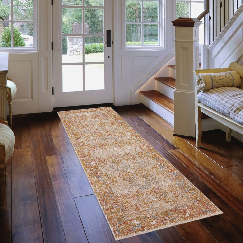 7" Beige and Orange Southwestern Power Loom Runner Rug