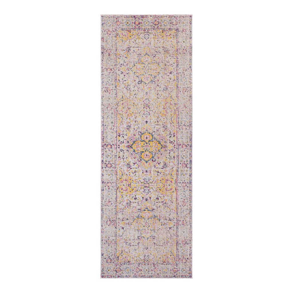 7' Yellow and Ivory Oriental Power Loom Runner Rug With Fringe-532080-1
