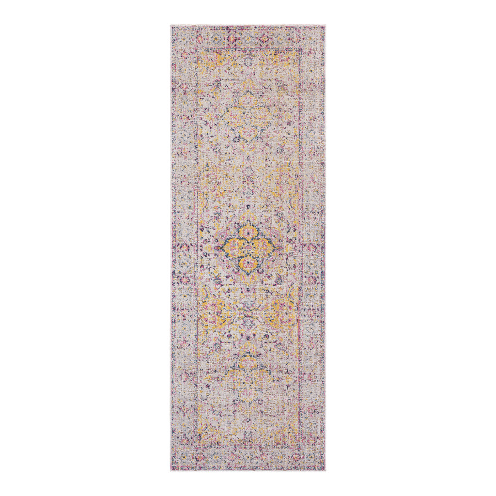 7" Ivory Navy and Yellow Oriental Power Loom Runner Rug