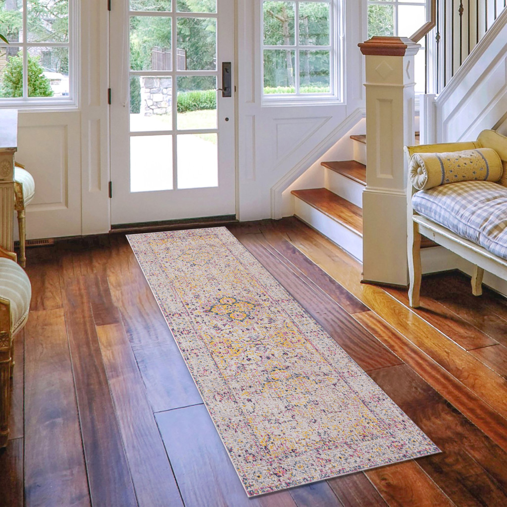 7" Ivory Navy and Yellow Oriental Power Loom Runner Rug