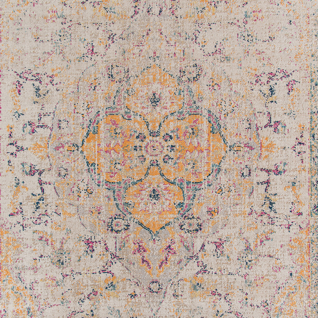 7" Ivory Navy and Yellow Oriental Power Loom Runner Rug