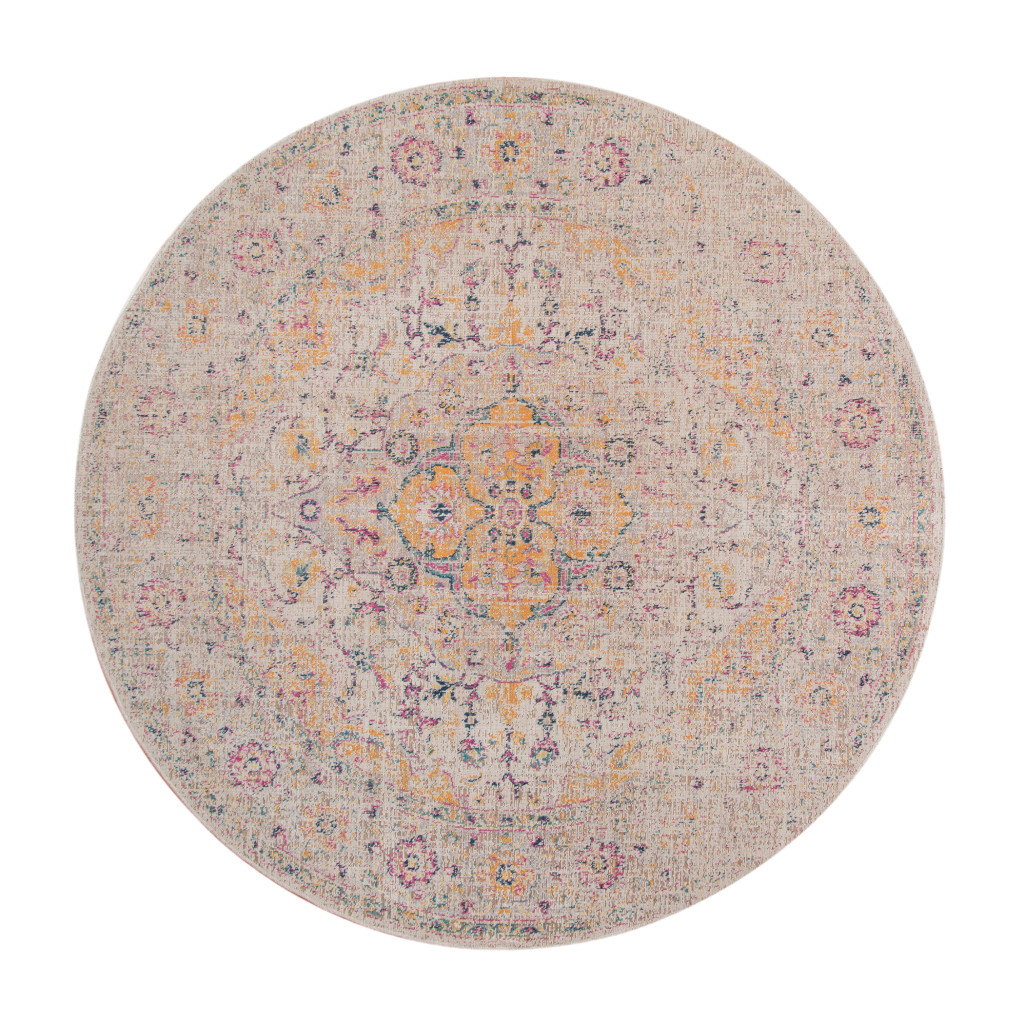 6' Yellow and Ivory Round Oriental Power Loom Distressed Area Rug-532083-1