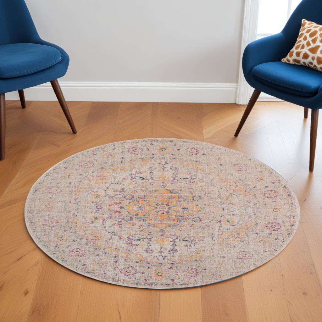 6' Ivory And Yellow Oriental Distressed Round Rug-532083-1