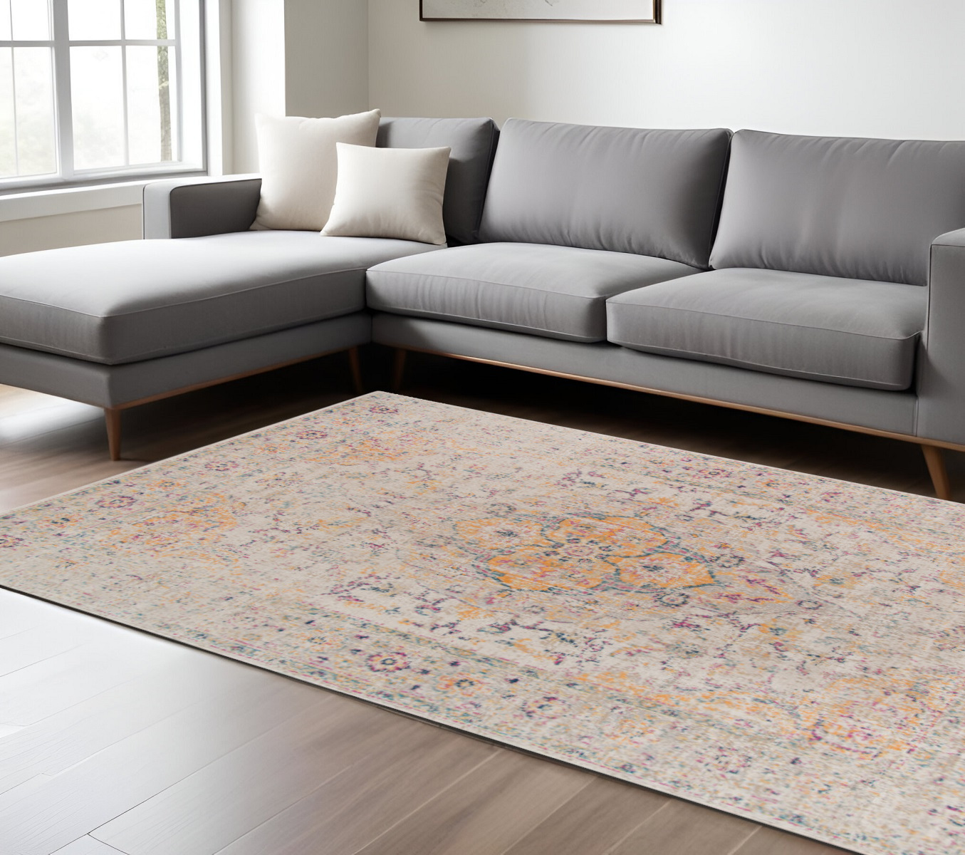 9' X 12' Ivory And Yellow Oriental Distressed Area Rug-532085-1