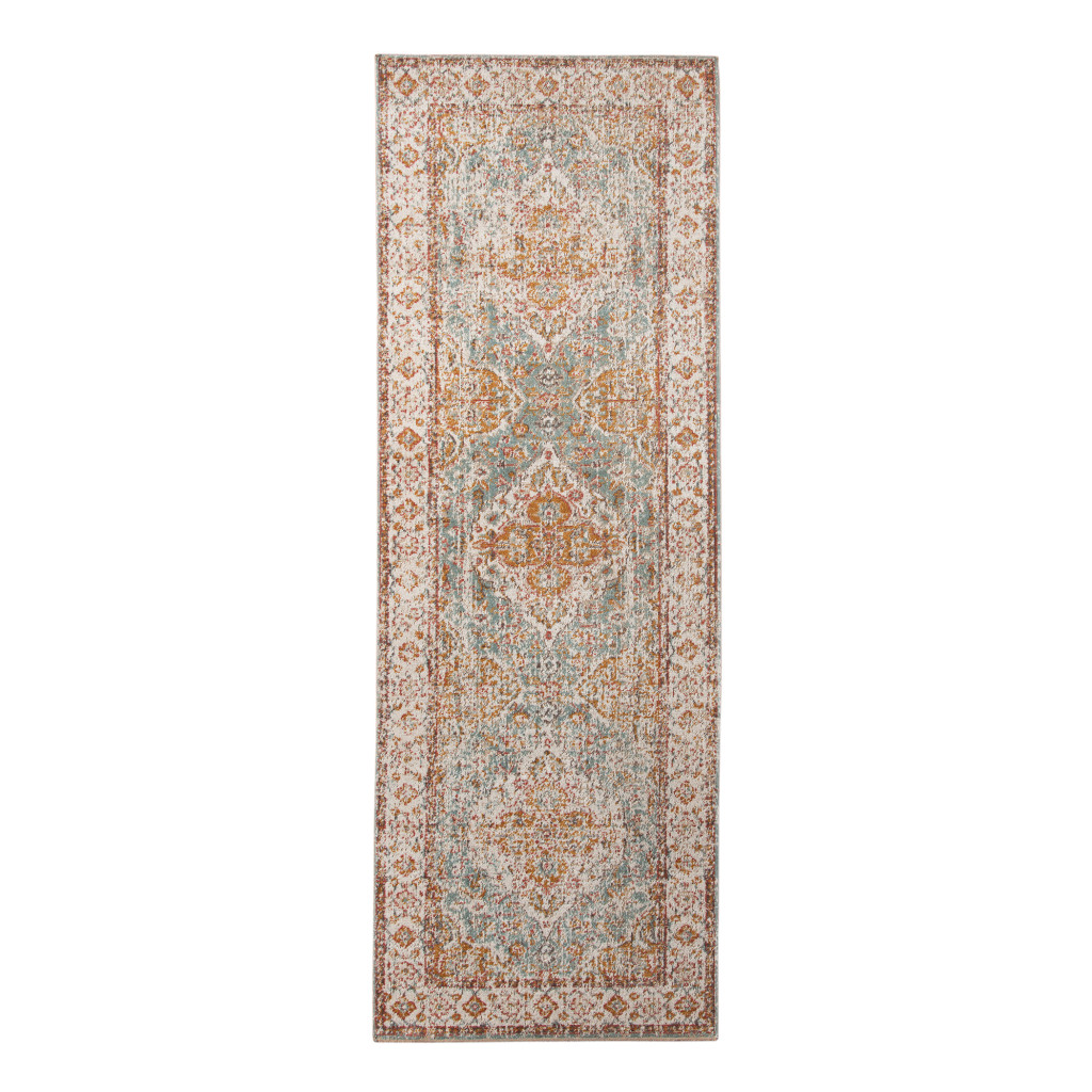 7' Blue Oriental Power Loom Runner Rug With Fringe-532088-1