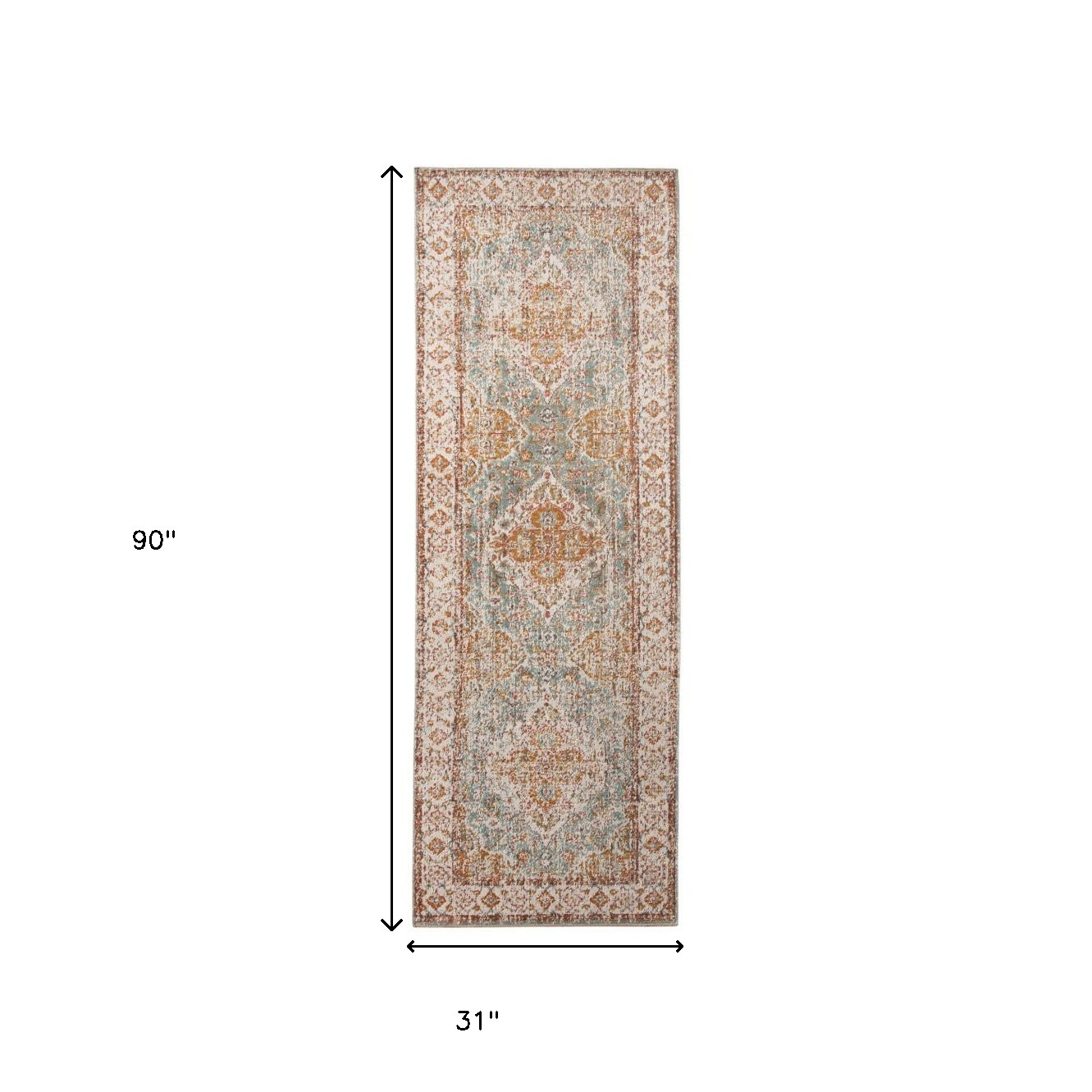7" Sea Blue and Orange Oriental Power Loom Runner Rug