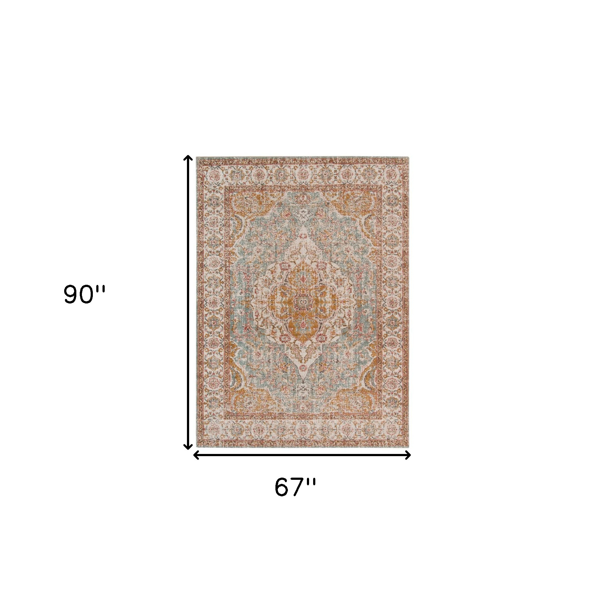 5" X 8" Sea Blue and Orange Oriental Power Loom Area Rug