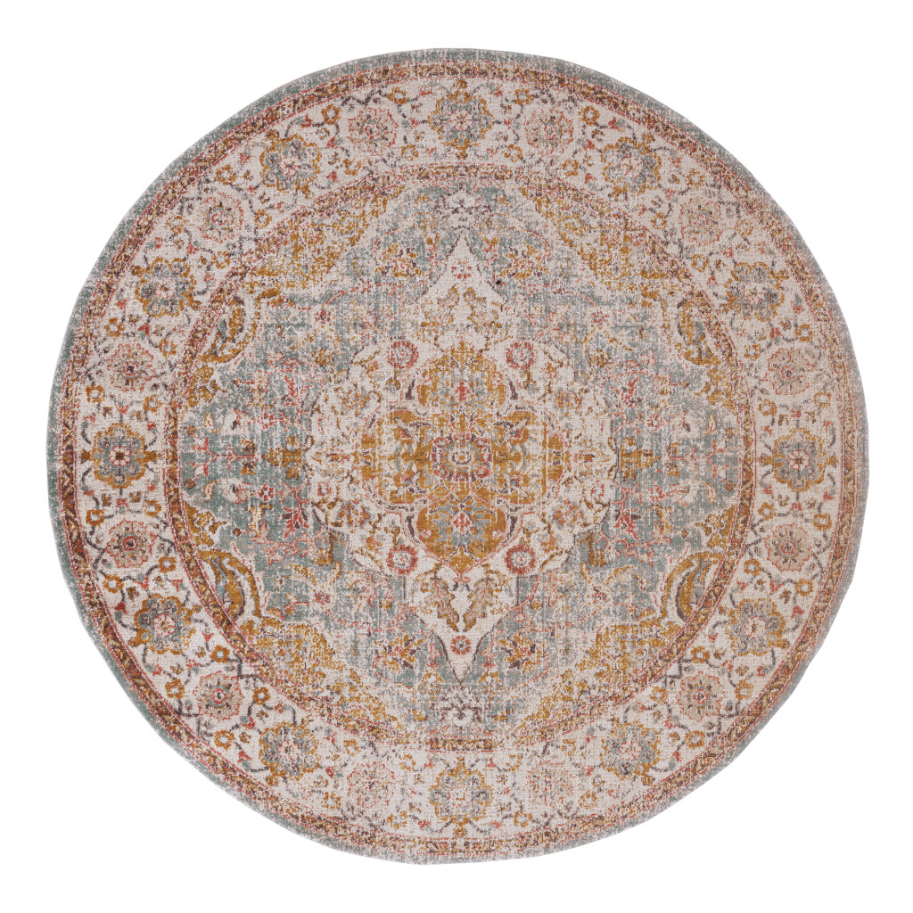6" Sea Blue and Orange Oriental Power Loom Worn Faded Round Rug