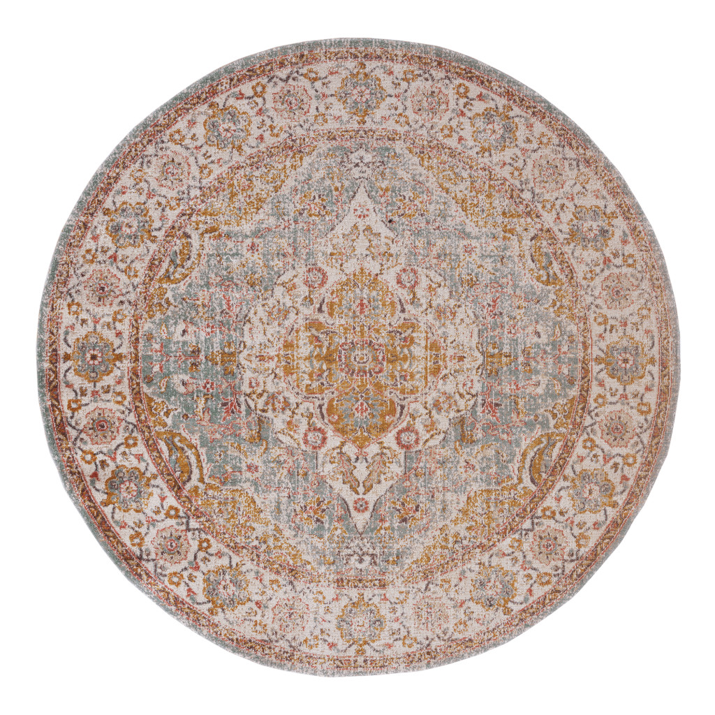 6' Blue and Orange Round Oriental Power Loom Distressed Area Rug-532091-1