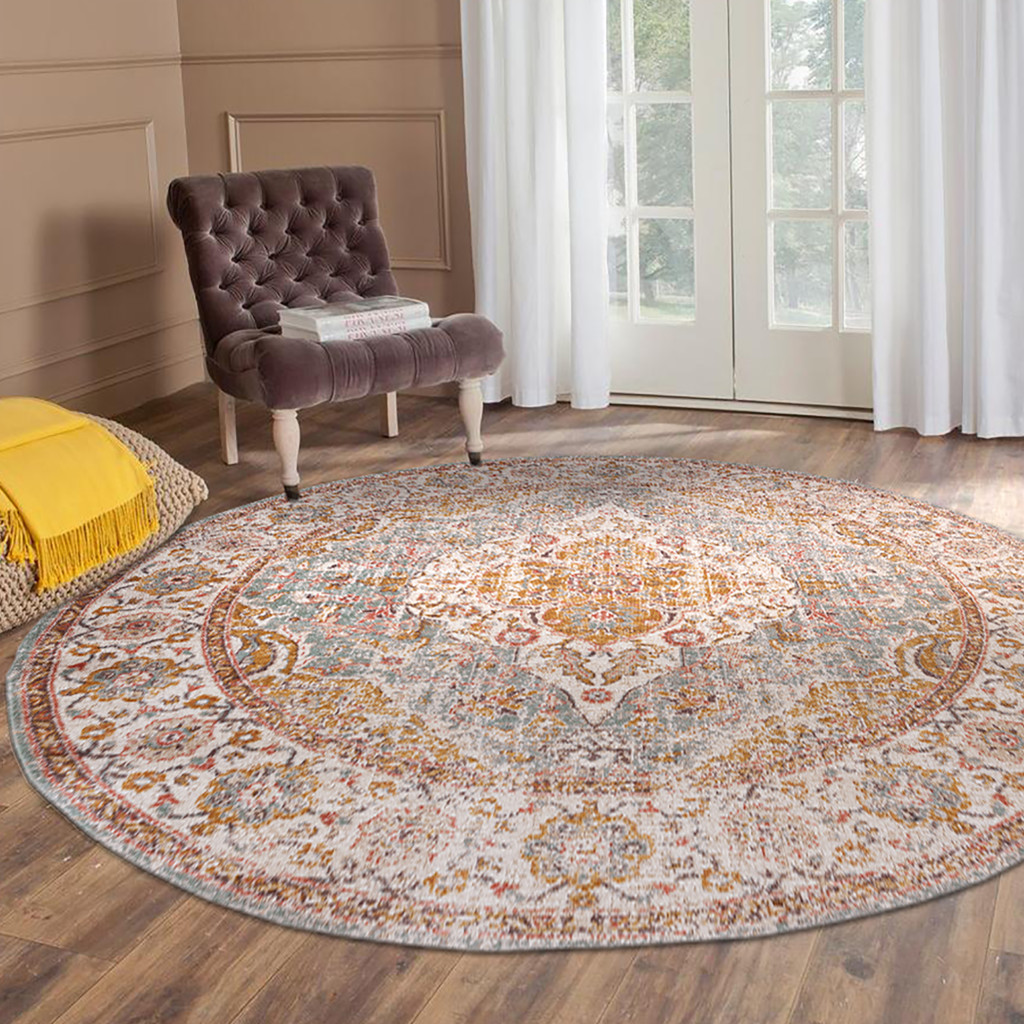 6" Sea Blue and Orange Oriental Power Loom Worn Faded Round Rug