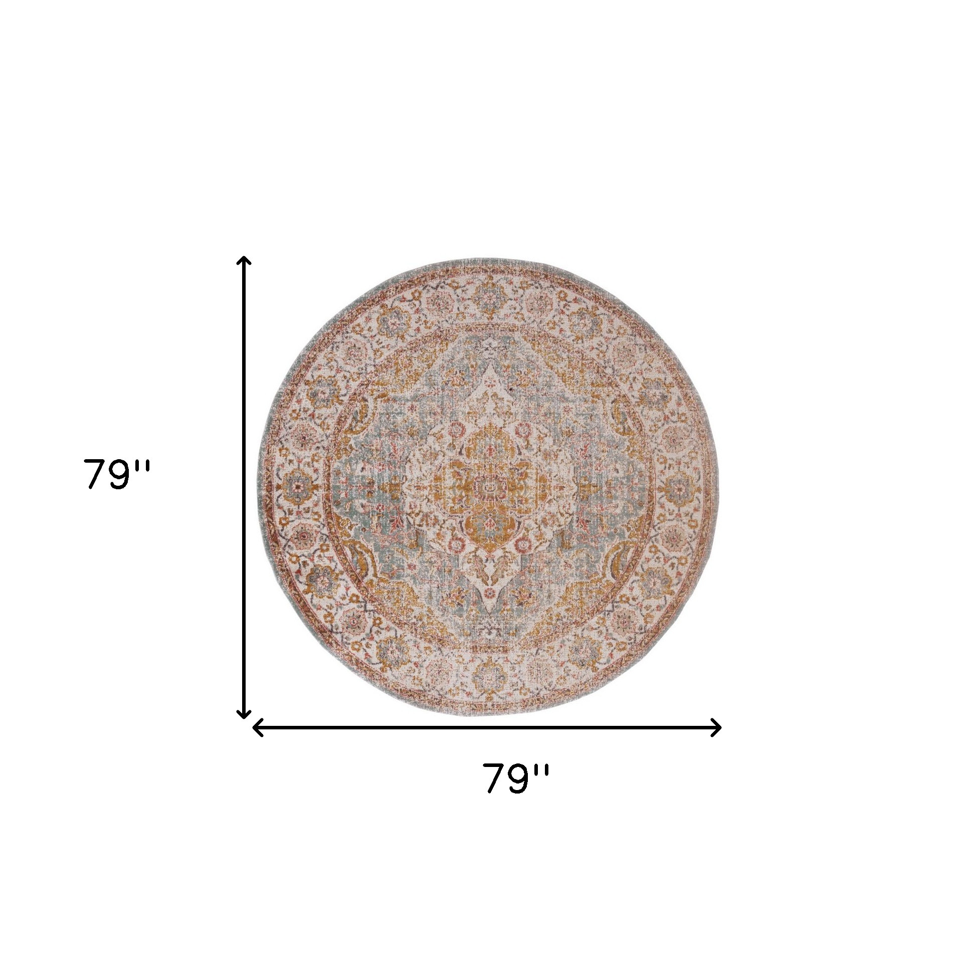 6" Sea Blue and Orange Oriental Power Loom Worn Faded Round Rug