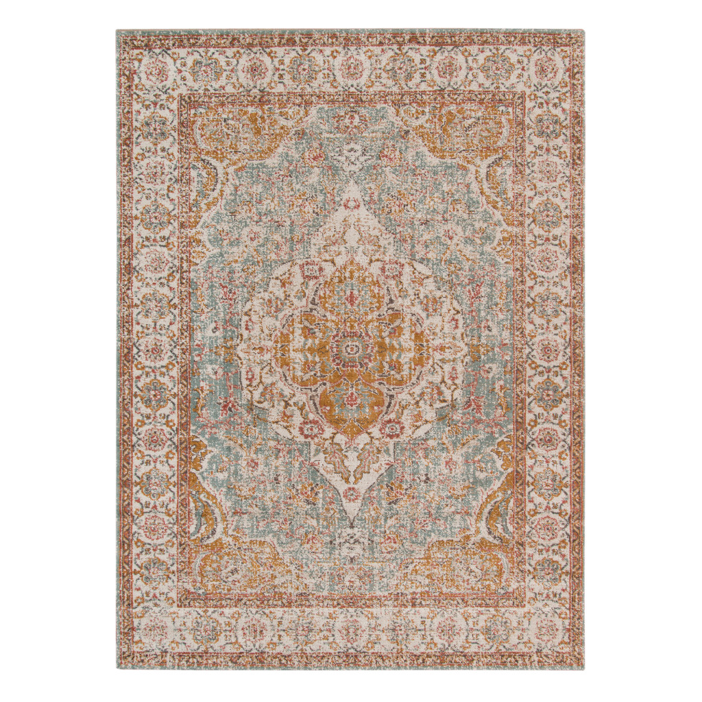 7" X 9" Sea Blue and Orange Oriental Power Loom Worn Faded Area Rug