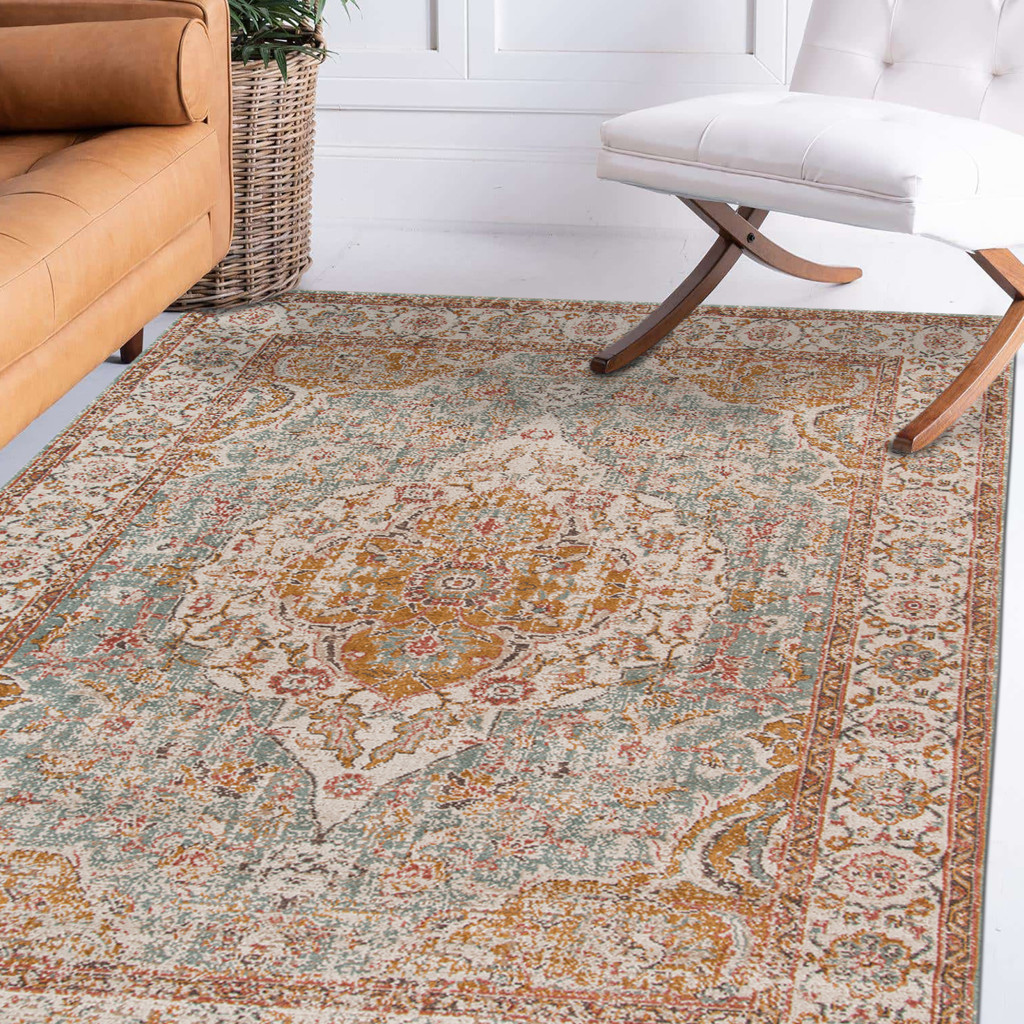 7" X 9" Sea Blue and Orange Oriental Power Loom Worn Faded Area Rug