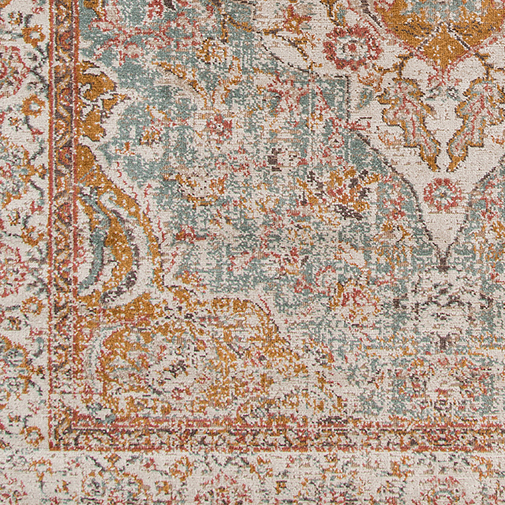 7" X 9" Sea Blue and Orange Oriental Power Loom Worn Faded Area Rug