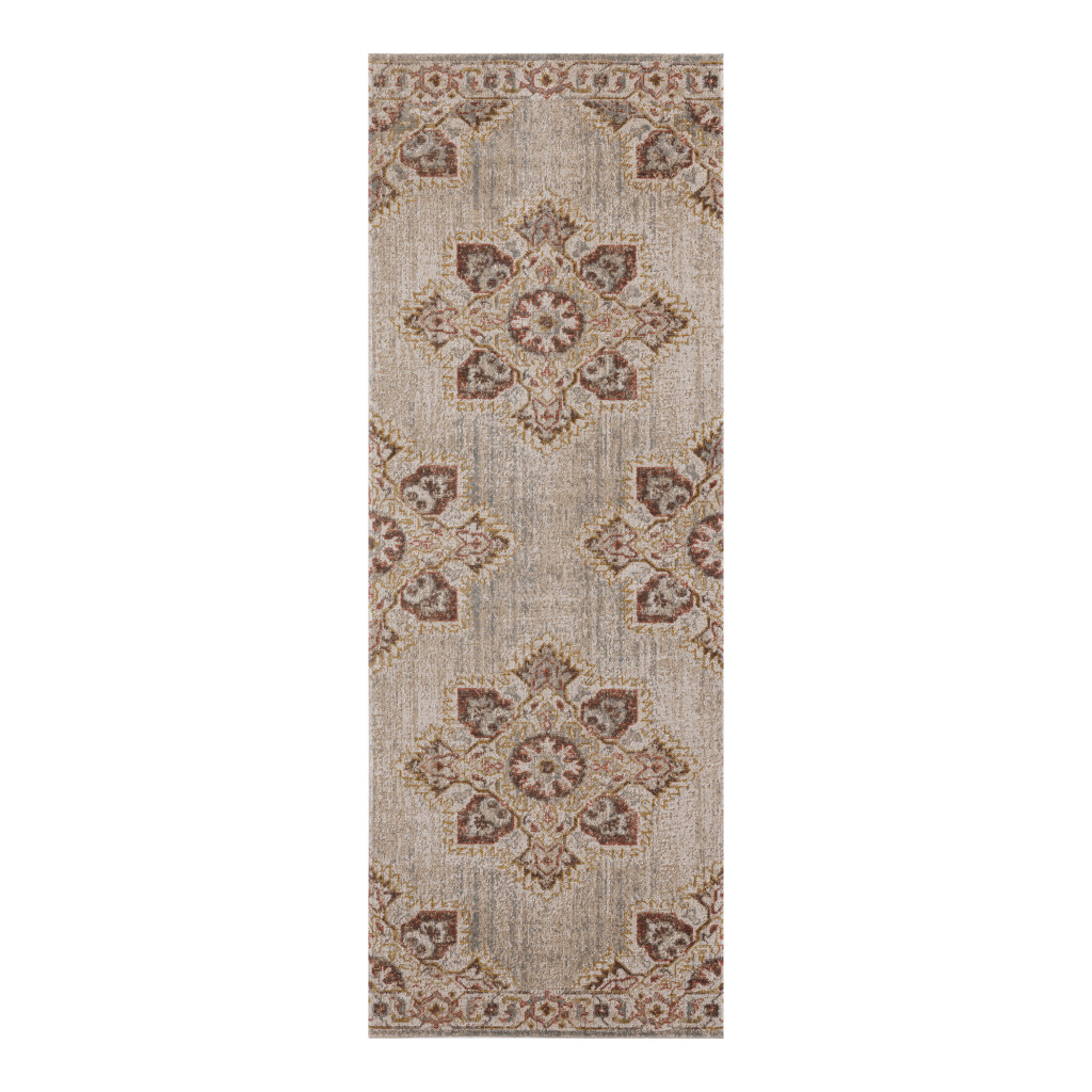 7' Beige Medallion Power Loom Runner Rug With Fringe-532096-1