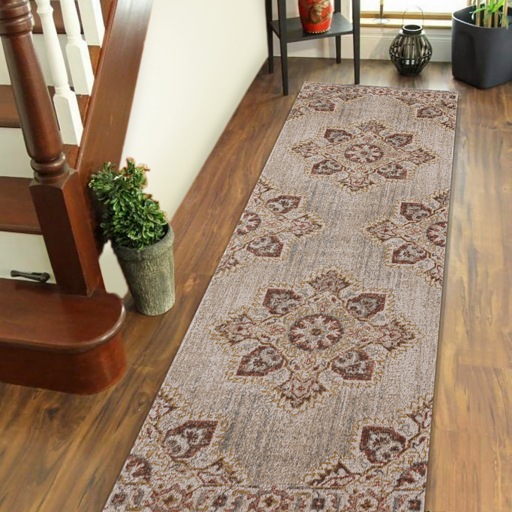7" Beige and Rust Medallion Power Loom Runner Rug