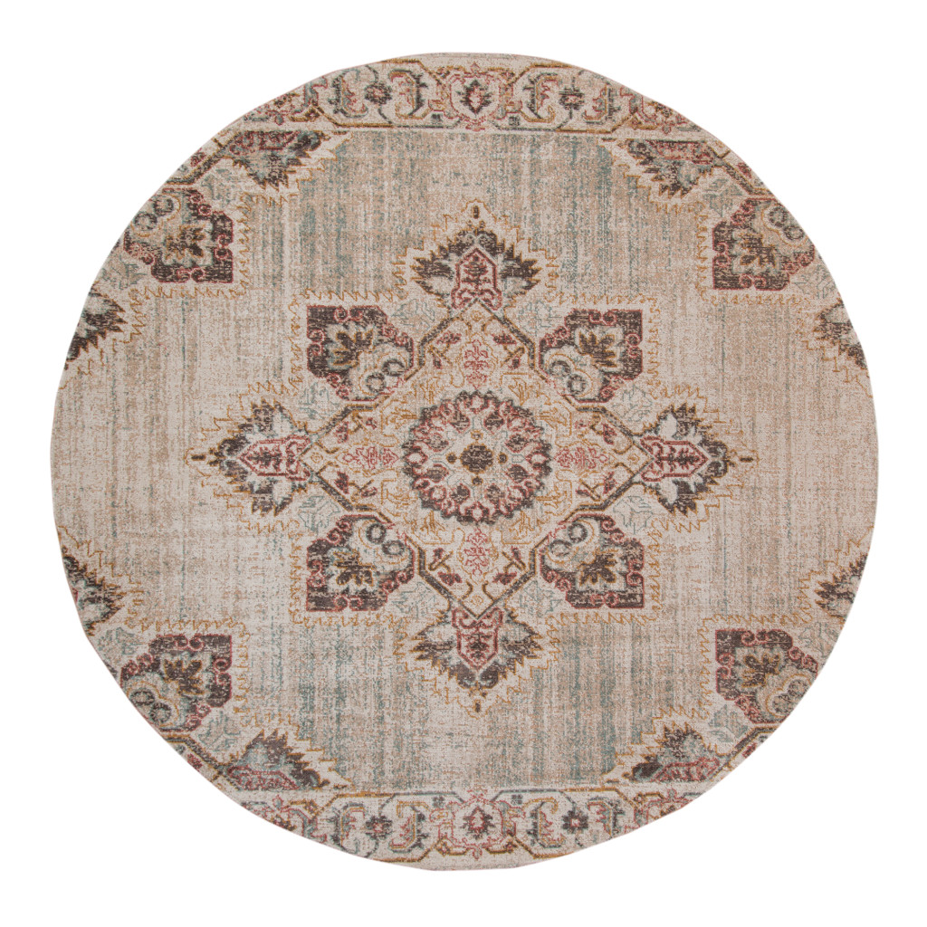 6' Beige Round Medallion Power Loom Area Rug With Fringe-532099-1