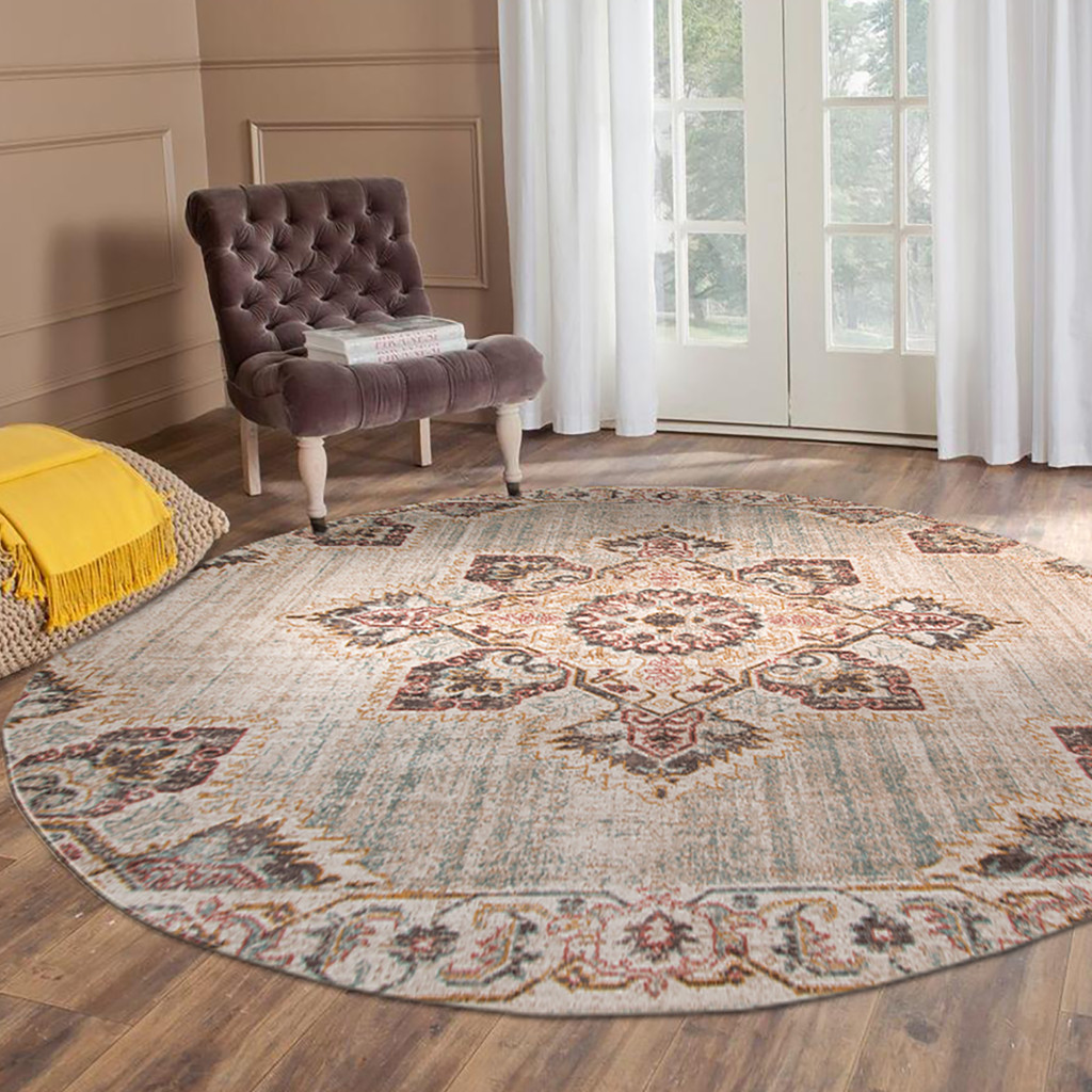 6" Beige and Rust Medallion Power Loom Round Rug