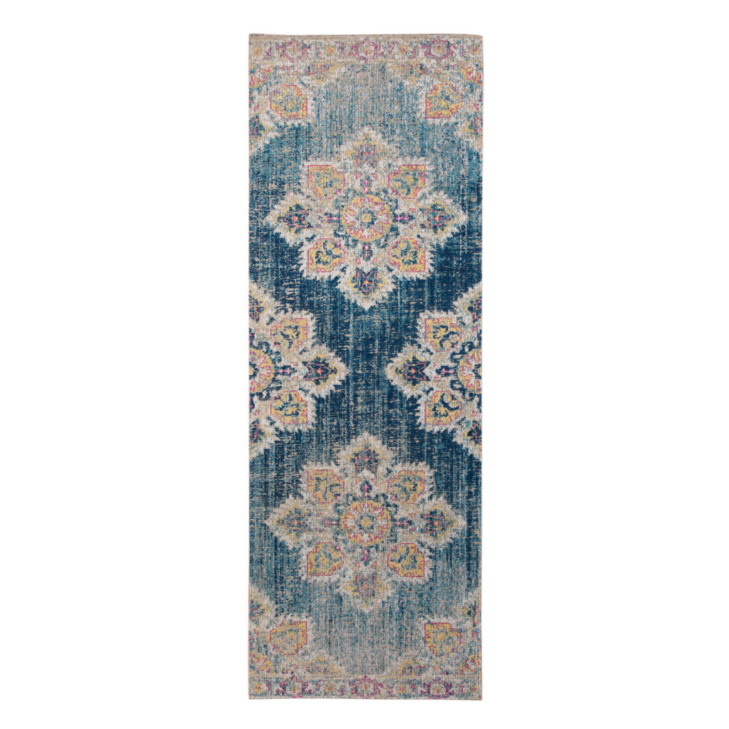 7' Teal Blue Medallion Power Loom Runner Rug With Fringe-532104-1