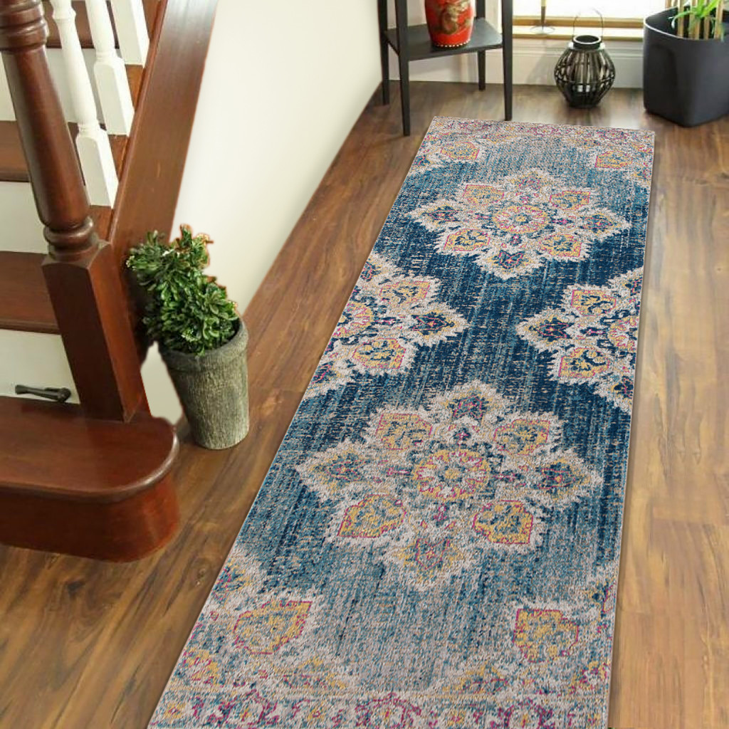 7" Yellow and Navy Medallion Power Loom Runner Rug