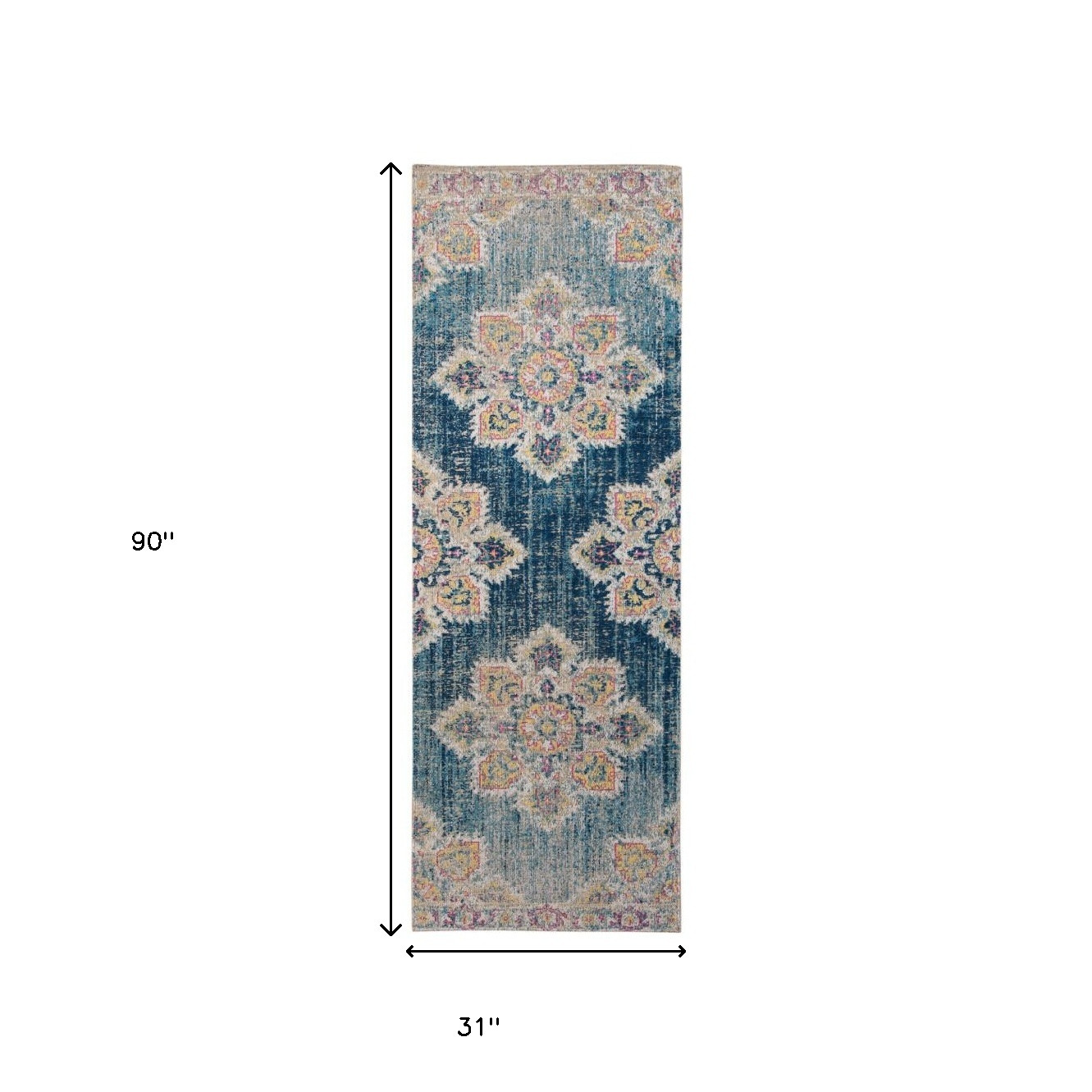 7" Yellow and Navy Medallion Power Loom Runner Rug