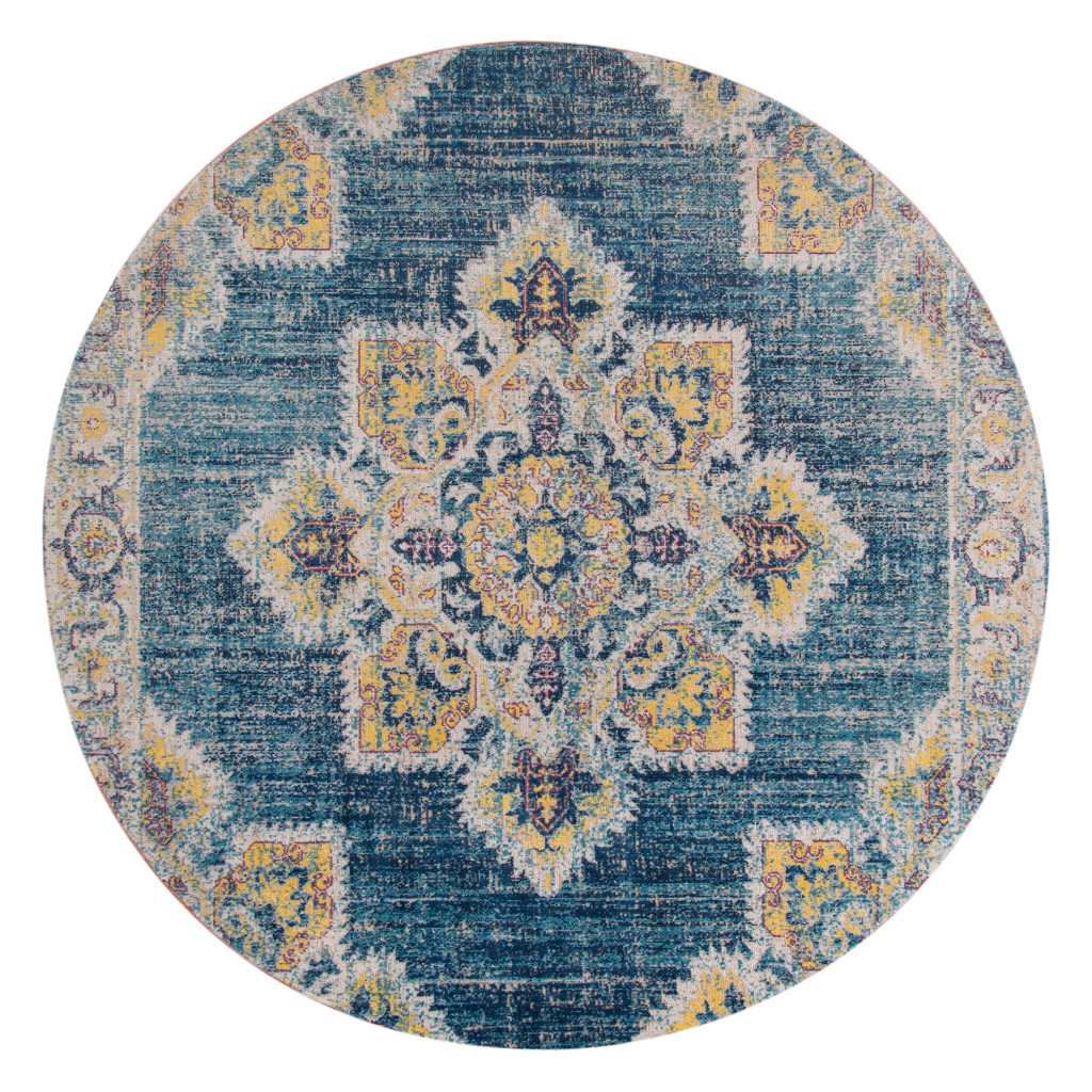 6" Yellow and Navy Medallion Power Loom Round Rug