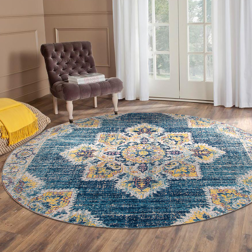 6" Yellow and Navy Medallion Power Loom Round Rug