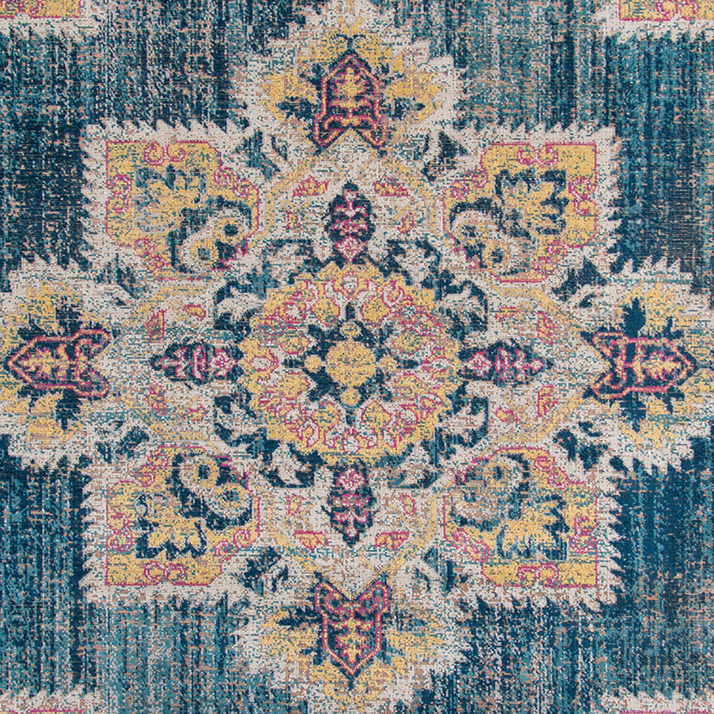 6" Yellow and Navy Medallion Power Loom Round Rug