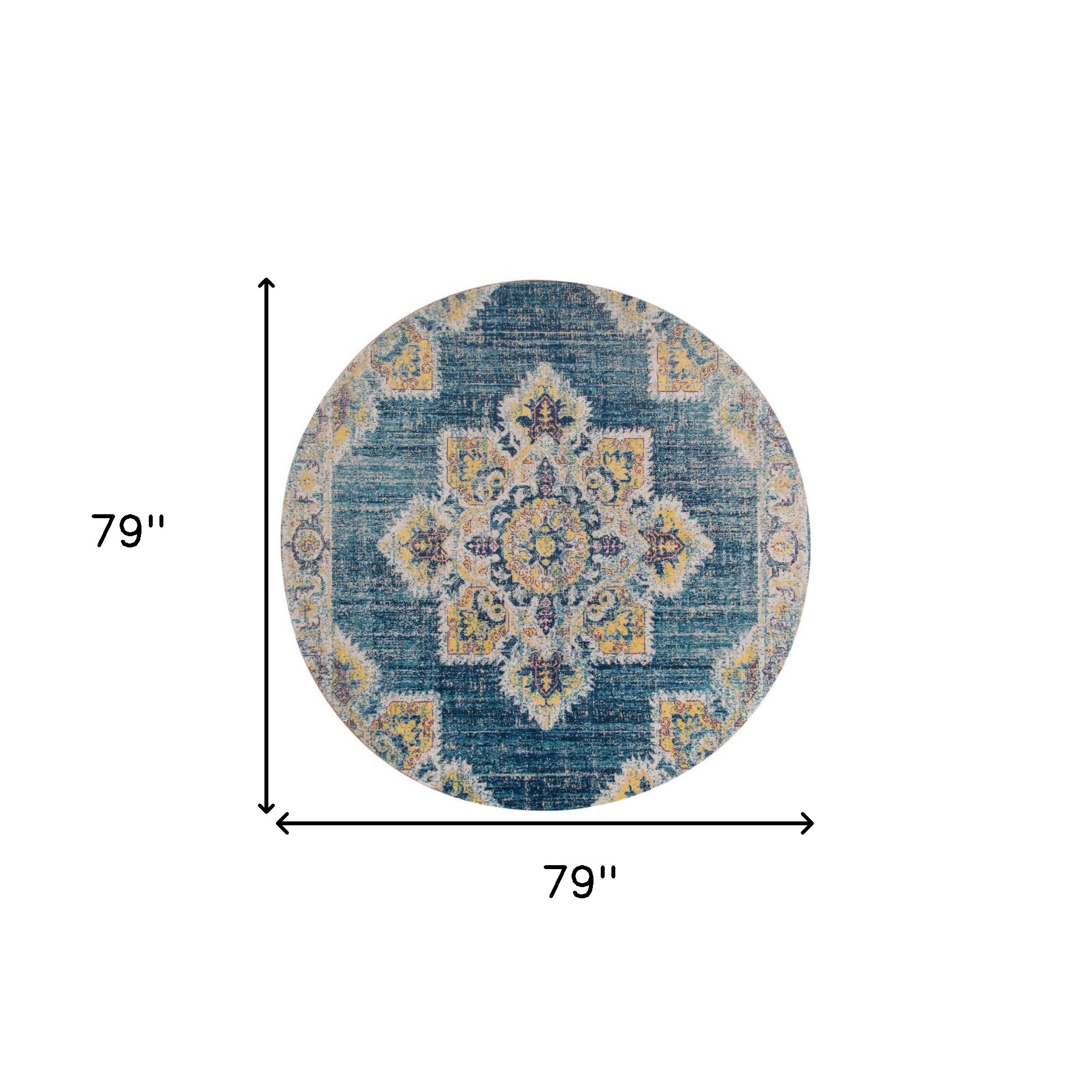 6" Yellow and Navy Medallion Power Loom Round Rug