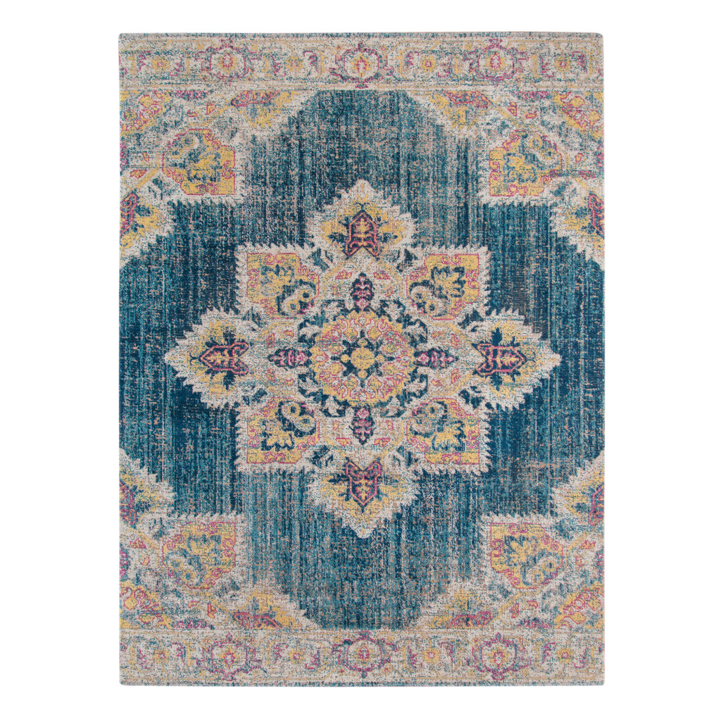 7" X 9" Yellow and Navy Medallion Power Loom Area Rug