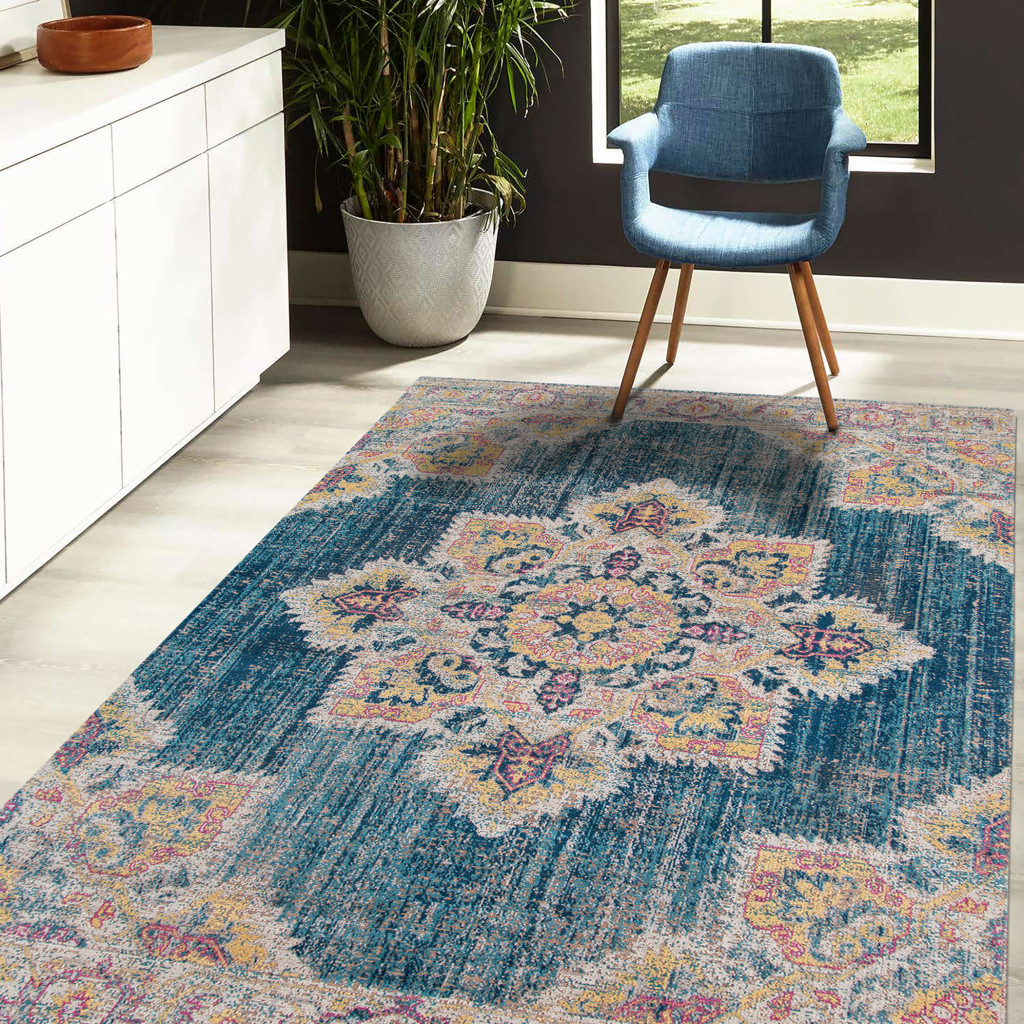 10" X 14" Yellow and Navy Medallion Power Loom Area Rug