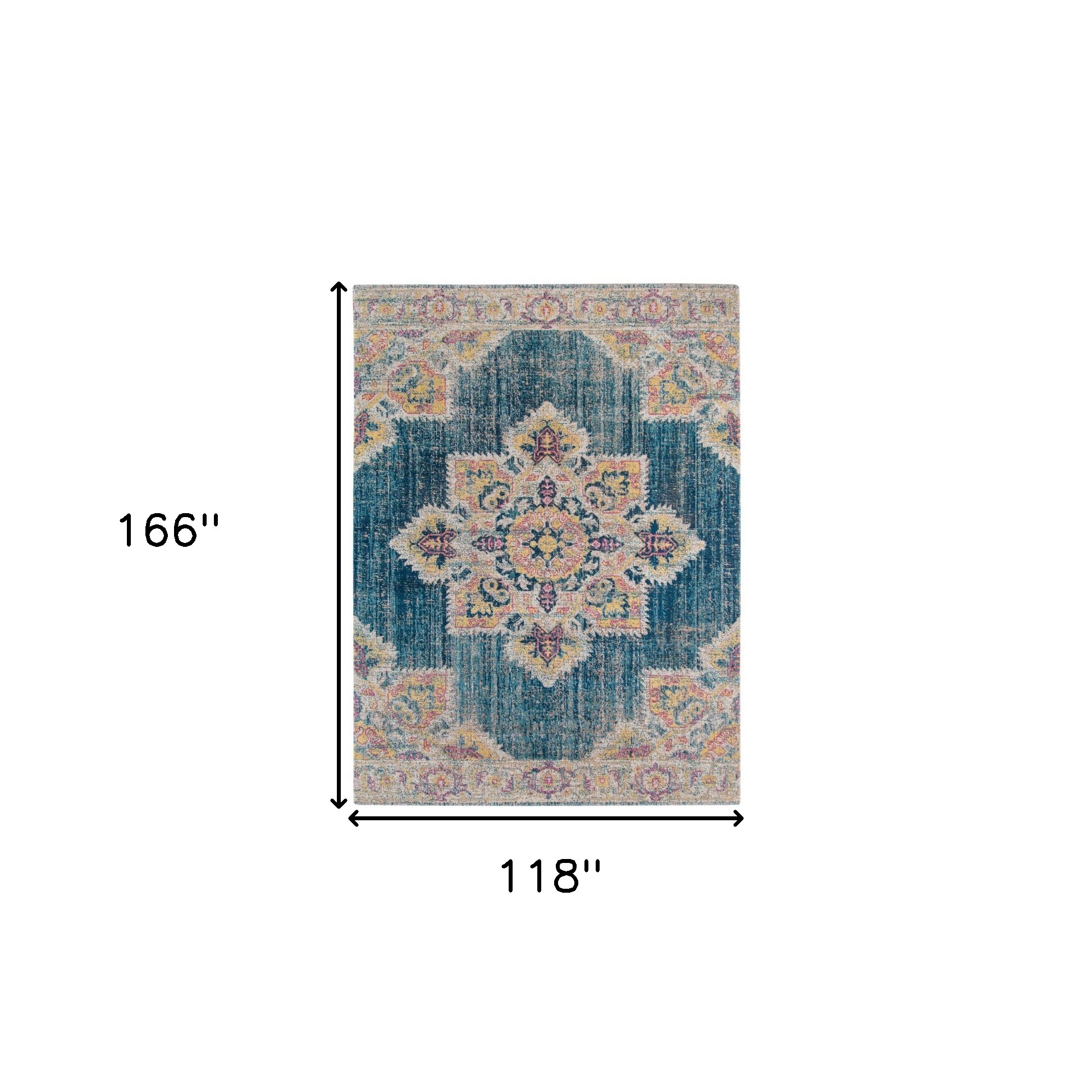 10" X 14" Yellow and Navy Medallion Power Loom Area Rug
