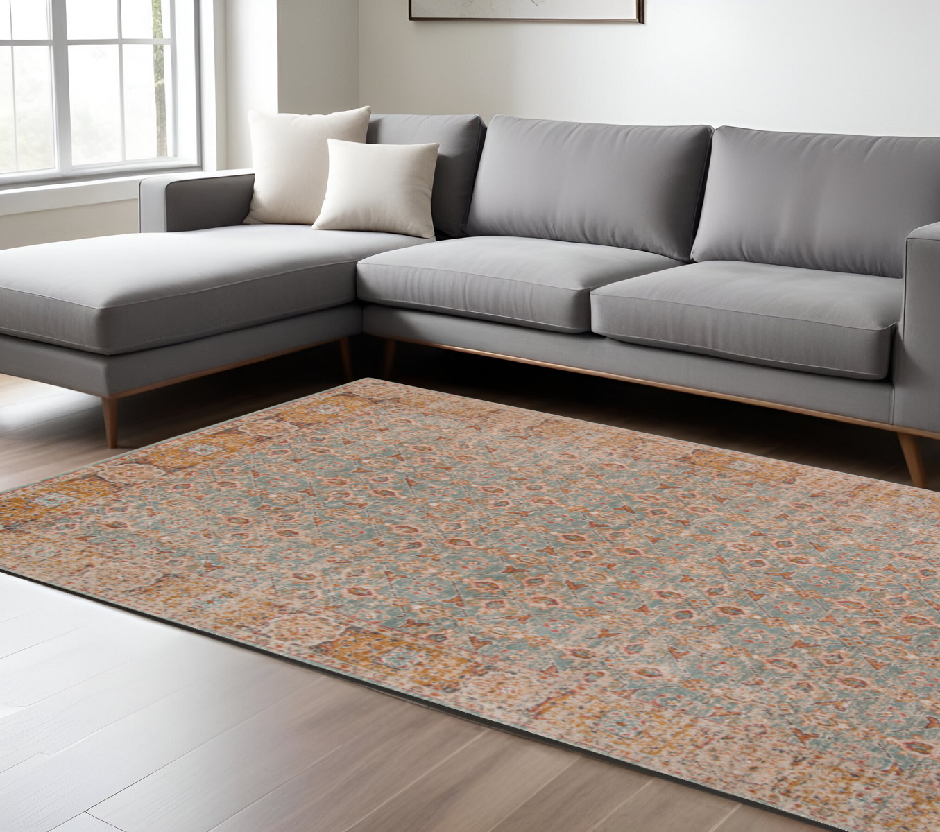 9' X 12' Teal Red And Orange Floral Area Rug-532117-1