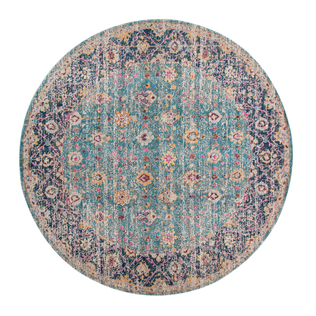 6' Blue and Orange Round Floral Power Loom Distressed Area Rug-532123-1