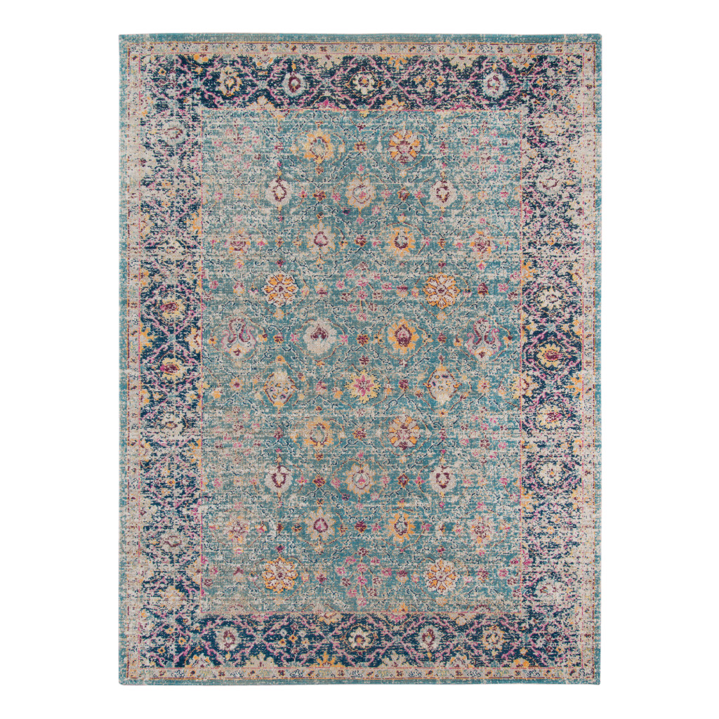 7' x 9' Blue and Orange Floral Power Loom Distressed Area Rug-532124-1