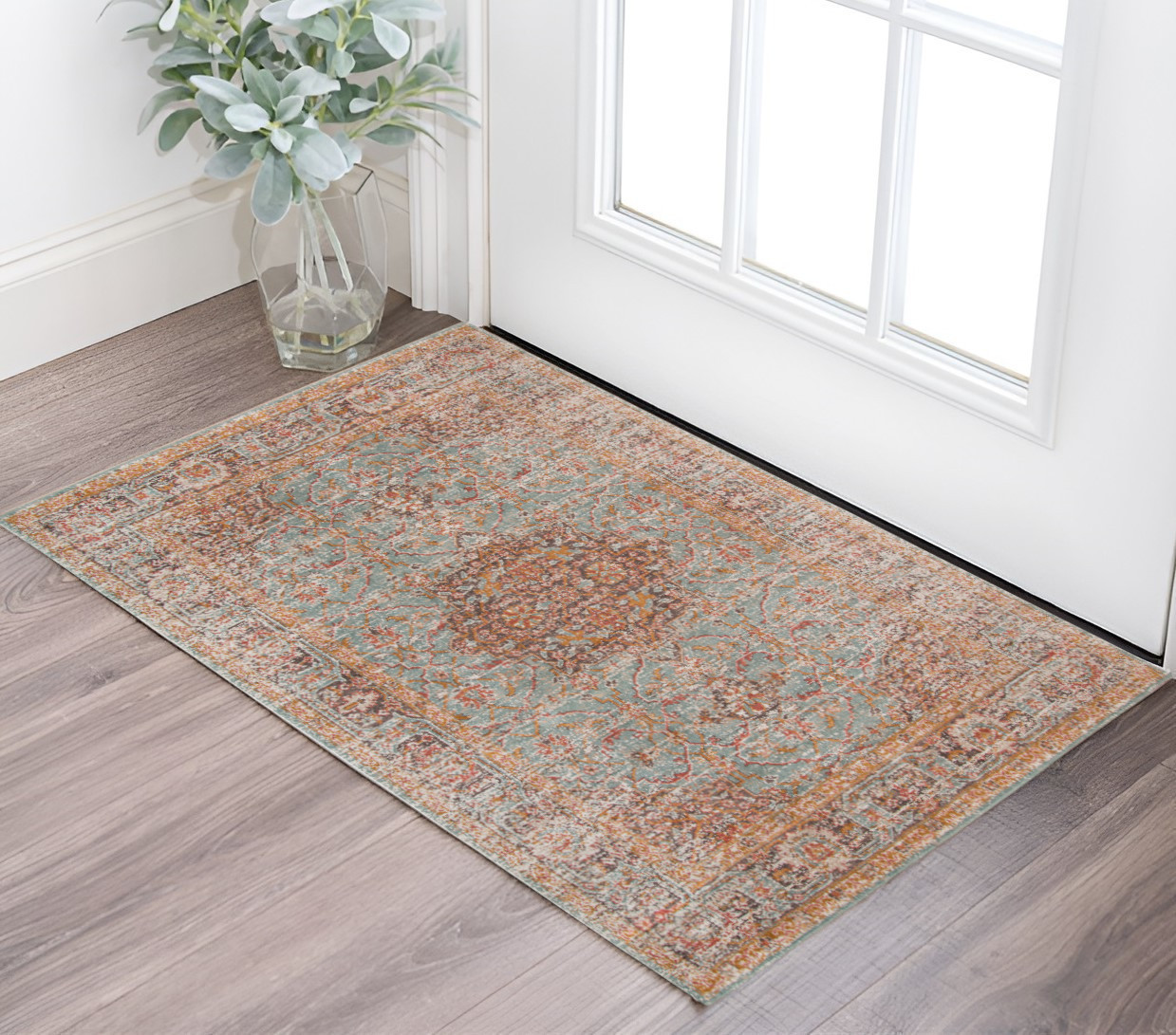 2' X 3' Teal Red And Orange Medallion Area Rug-532127-1