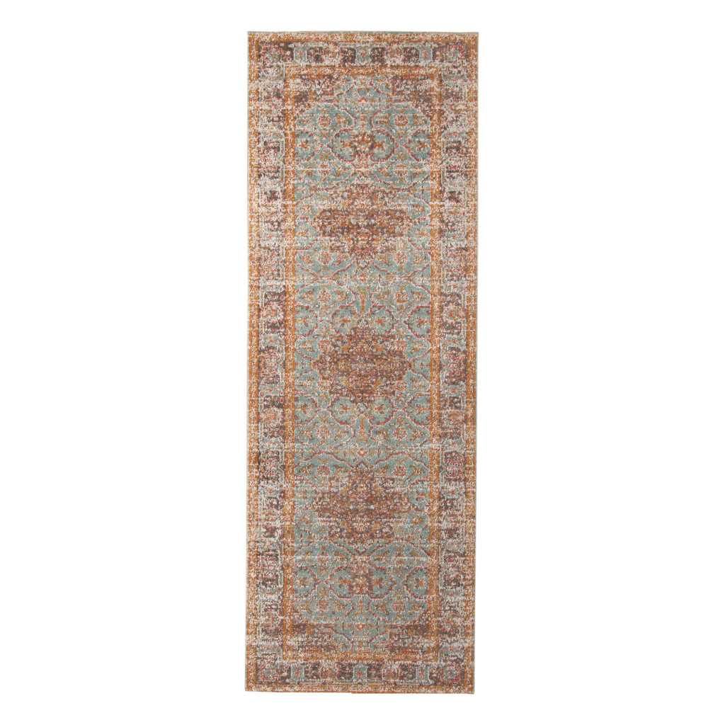 7" Teal Red and Orange Medallion Power Loom Runner Rug