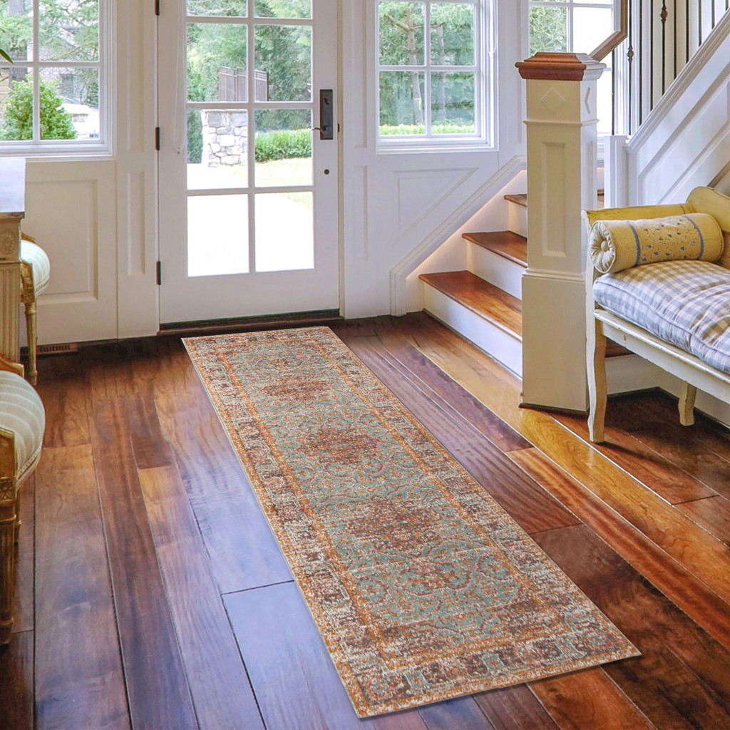 7" Teal Red and Orange Medallion Power Loom Runner Rug