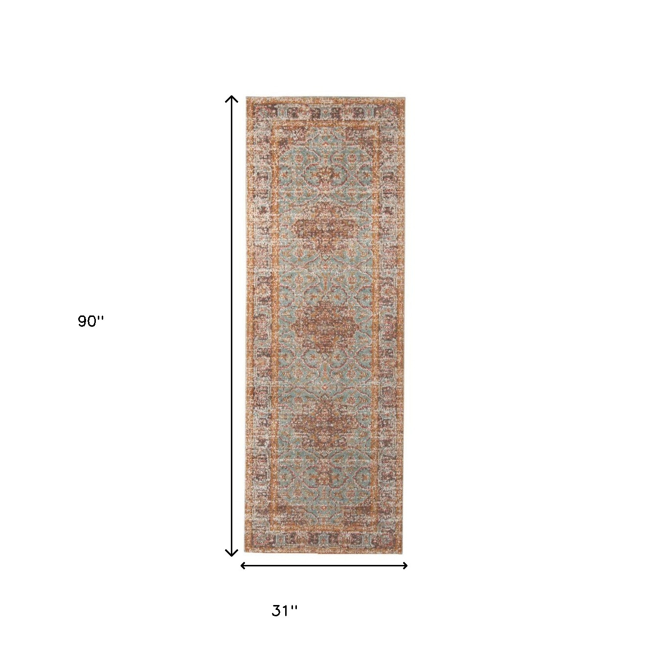 7" Teal Red and Orange Medallion Power Loom Runner Rug