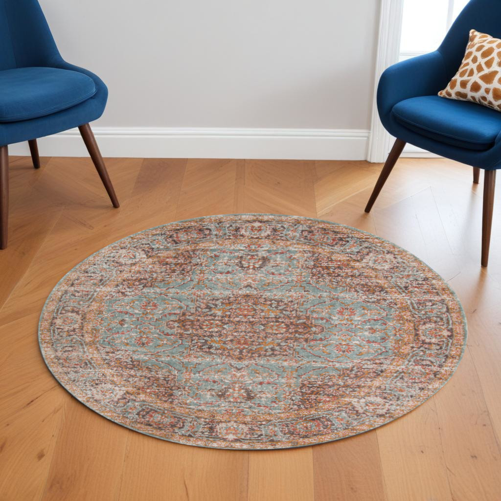 6' Teal Red And Orange Medallion Round Rug-532131-1